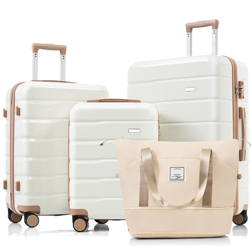 4-Piece ABS Hardshell Luggage Set with Travel Bag – Ivory & Gold